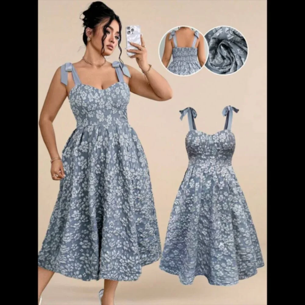 Dusty Blue Corset top Bow-tie Embossed Fit-and-Flare Midi Dress 0XL